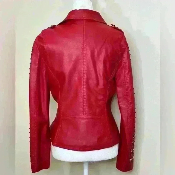 Red vegan faux lambskin studded jacket - Picture 2 of 3